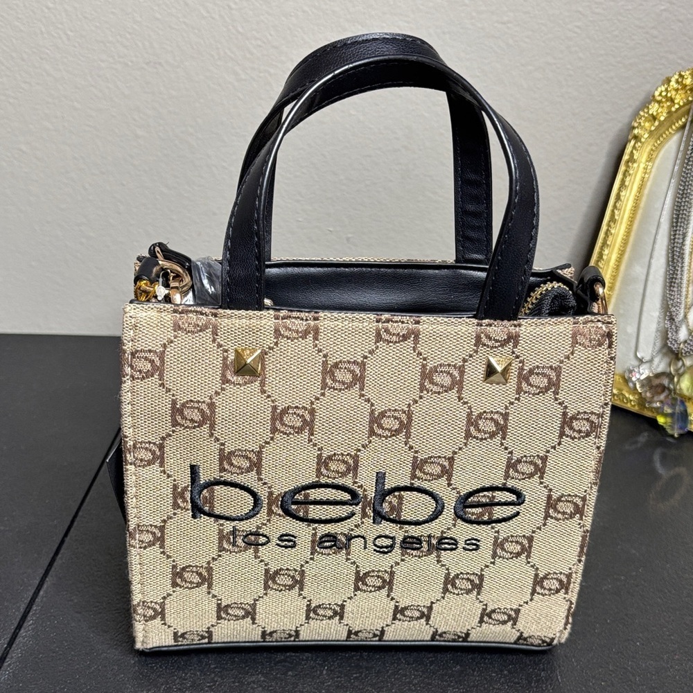NWT Bebe Talullah Beige Black Mini Satchel Crossbody Bag